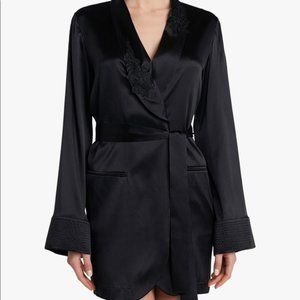 NWT La Perla Floral Groove Short Robe Black Satin Lace Inserts size XS